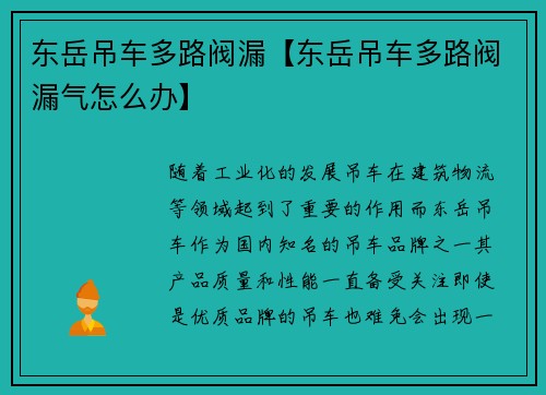 东岳吊车多路阀漏【东岳吊车多路阀漏气怎么办】
