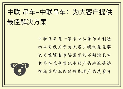 中联 吊车-中联吊车：为大客户提供最佳解决方案