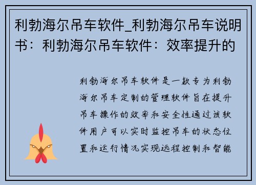 利勃海尔吊车软件_利勃海尔吊车说明书：利勃海尔吊车软件：效率提升的利器