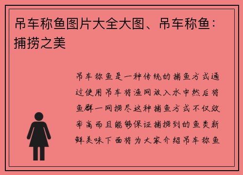 吊车称鱼图片大全大图、吊车称鱼：捕捞之美